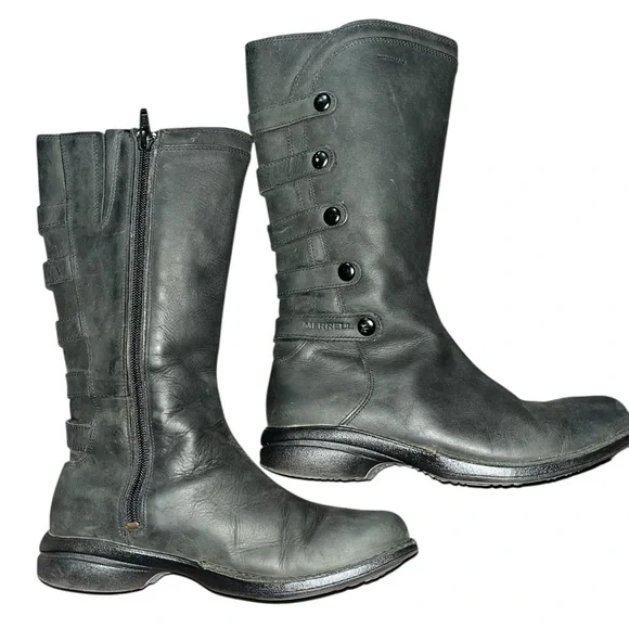 MERRELL Tetra Launch WP Leather Side Zip Boots Moto Black Mid Calf Size 6 - Picture 1 of 7